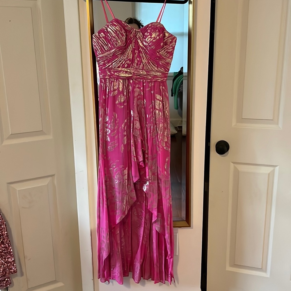 Aqua Pink High-Low Dress w/ Gold Floral Design